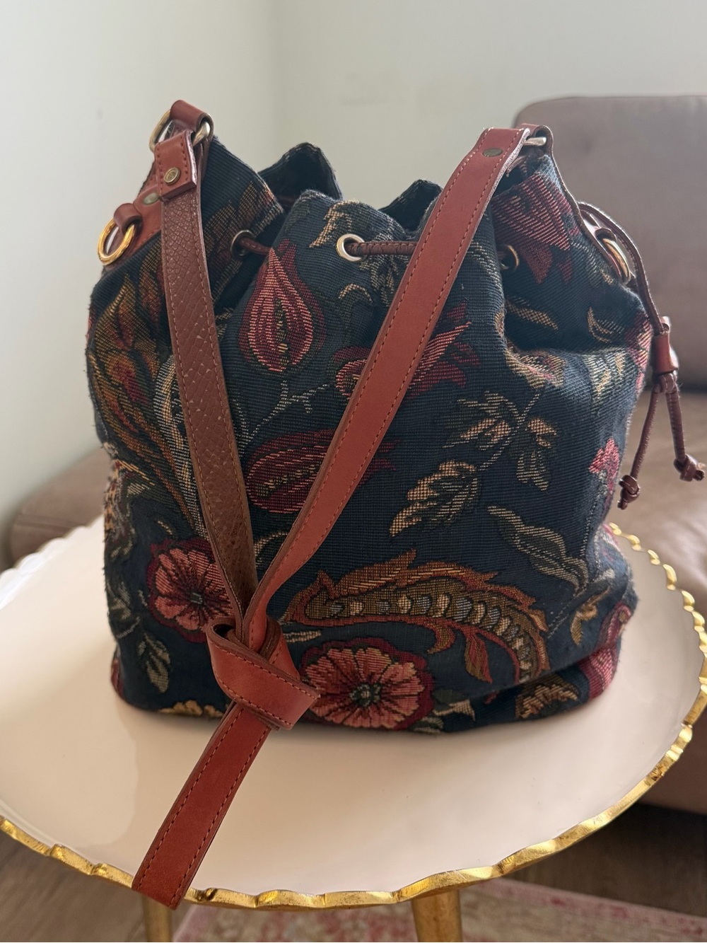 Vtg Ponte Vecchio Tapestry Floral Bucket Bag Drawstring Made in USA AS IS